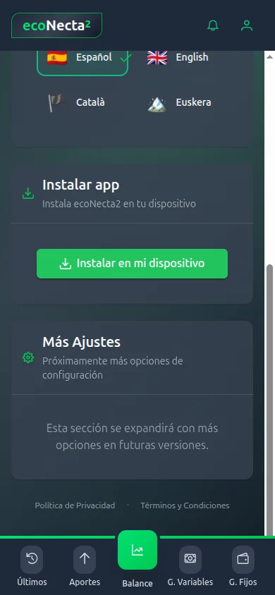 Página de Ajustes de ecoNecta2 — Sección Instalar app con botón Instalar en mi dispositivo