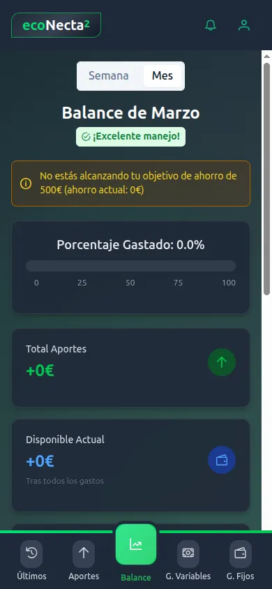 Panel de balance mensual y objetivos de ahorro en ecoNecta