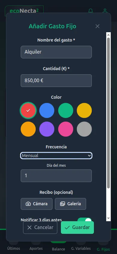 Formulario para añadir un gasto fijo recurrente