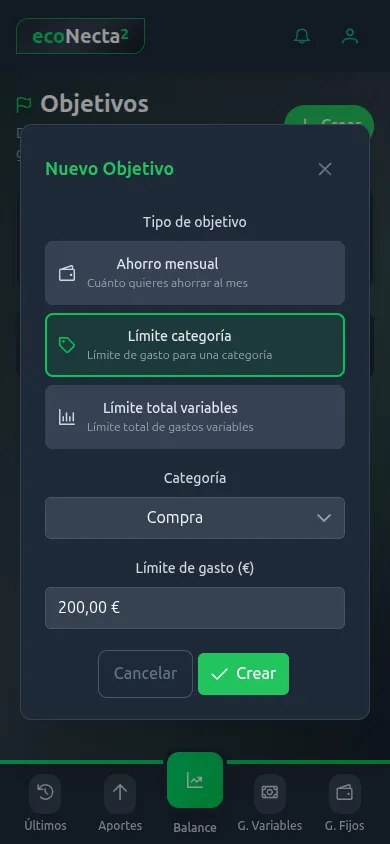 Formulario para crear un objetivo con límite de categoría en ecoNecta