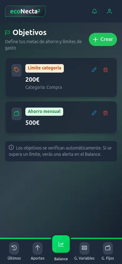 Lista de objetivos de ahorro configurados en ecoNecta