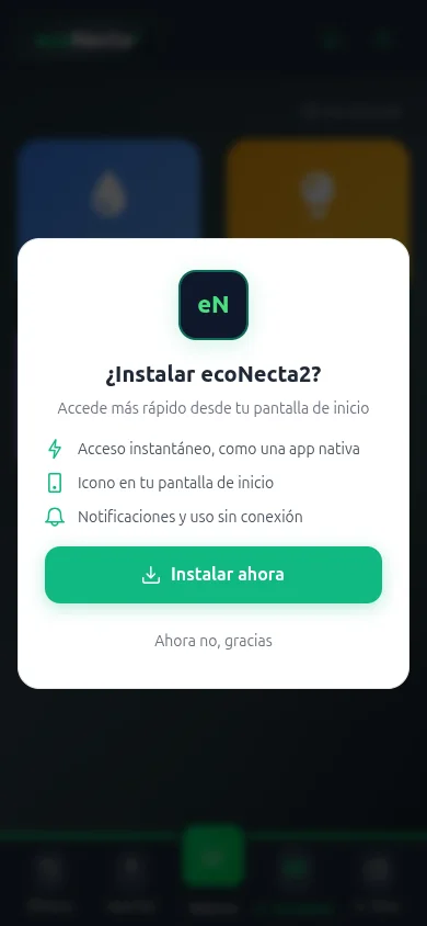 Modal de instalación de ecoNecta2 en Android — Botón verde Instalar ahora