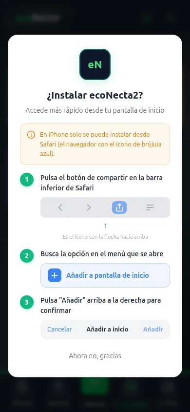 Tutorial de instalación de ecoNecta2 en iPhone — Pasos visuales desde Safari